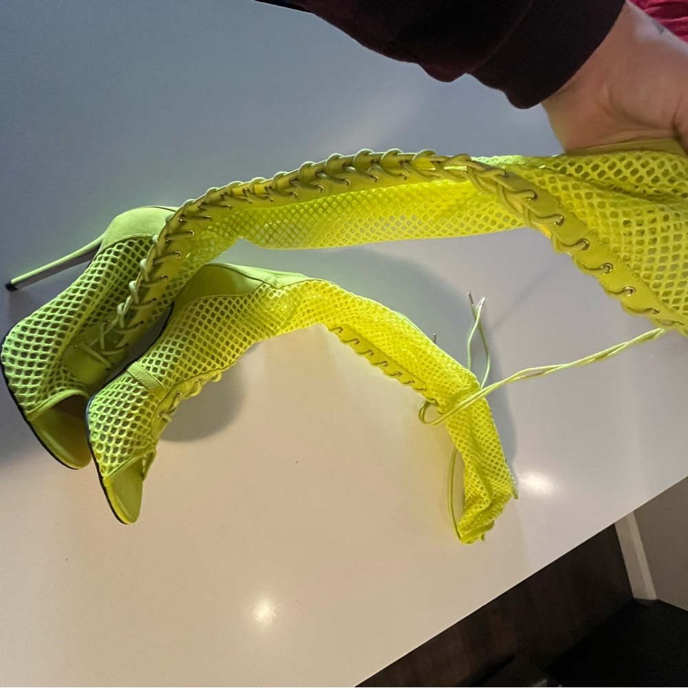Neon Yellow Lace-Up Stiletto Boots